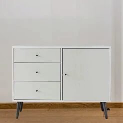 Modern Storage Cabinet Contemporary Buffet Sideboard Cupboard with 3 Drawers And 1 Door Cabinet for Home Kitchen Entryway Dining Room In White Finish, 40.1in W X 19.5 In D X 30 In H
