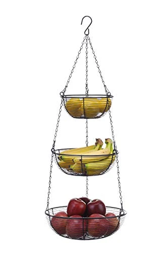 SunnyPoint 3 Tier Hanging Fruit Basket, Black Coating