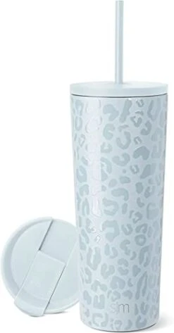 Insulated Tumbler With Lid And Straw | Iced Coffee Cup Reusable Stainless Steel Water Bottle Travel Mug | Gifts For Women Men Her Him | Classic Collection | 24oz | Baby Blue Leopard