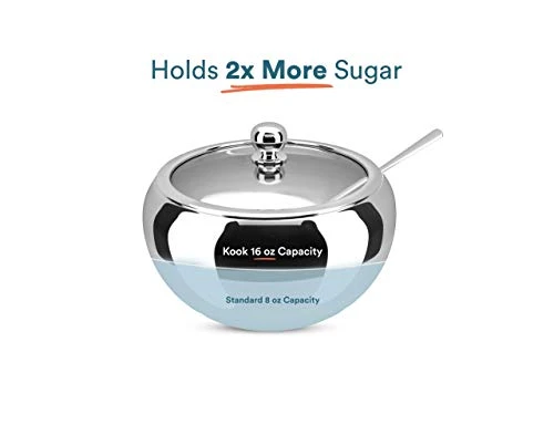 Large Stainless Steel Sugar Bowl With Lid And Spoon, Serving Dish, Clear Glass Lid, Storage For Salt, Candy, Coffee, Holds 2 Cups, Dishwasher Safe, 16 Oz (Stainless Steel) - Image 2