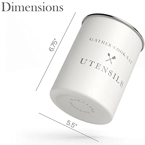 White Utensil Holder For Kitchen Countertop, Farmhouse Metal Utensil Crock, Rustic Country Decorative Kitchen Utensil Caddy Large, 5.5x6.75 - Image 3