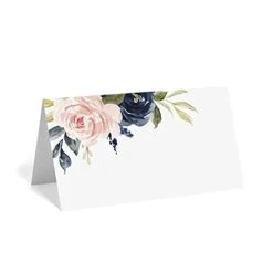 Bliss Collections Place Cards, Navy Floral, Tented Blank Table Place Cards For Weddings, Banquets And Dinner Parties, Scored For Easy Folding, 2"x3.5" (50 Place Cards)