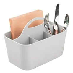 MDesign Plastic Cutlery Storage Organizer Caddy Bin Tote With Handle - Kitchen Cabinet Divided Pantry Basket For Forks, Knives, Spoons, Napkins, Indoor/Outdoor Use, Lumiere Collection, Light Gray