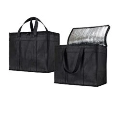 XL- Large Insulated Bags For Food Delivery With The Bottom Plate, Reusable Insulated Shopping Bags, 16x9x13 Inches, The Ideal Pizza Delivery Bag. Black (Pack Of 2)