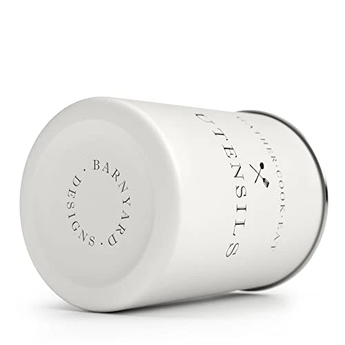 White Utensil Holder For Kitchen Countertop, Farmhouse Metal Utensil Crock, Rustic Country Decorative Kitchen Utensil Caddy Large, 5.5x6.75 - Image 4