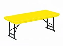 24"x48" Short Commercial Folding Table, Height Adjustable (17"-27") Yellow Light Weight, Waterproof, Virtually Indestructible Blow Molded Plastic Top, Steel Ladder Frame, Made In The USA