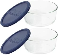 Pyrex Storage 4-Cup Round Dish With Dark Blue Plastic Cover, Clear (Pack Of 2 Containers)