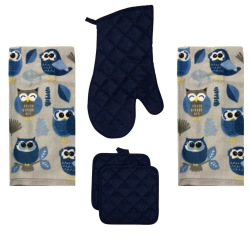 Wl Kitchen Towels Set With 2 Kitchen Towels, 1 Navy Blue Oven Mitt And 2 Navy Blue Pot Holders