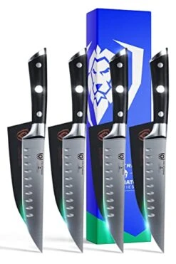 Steak Knives 4-Piece Set - 5" - Straight-Edge Blade - Gladiator Series Elite - Forged German High-Carbon Steel - Black G10 Handle - Sheaths Included - NSF Certified