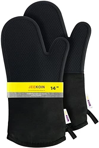 Durable Thick Oven Mitts Black, JEEKOIN Silicone Oven Gloves 14 Inch Heat Resistant 581 F With Soft Cotton Lining, Waterproof Oven Mitt Flexible Grip For Kitchen Cooking Baking, BPA Free, 1 Pair - Image 6