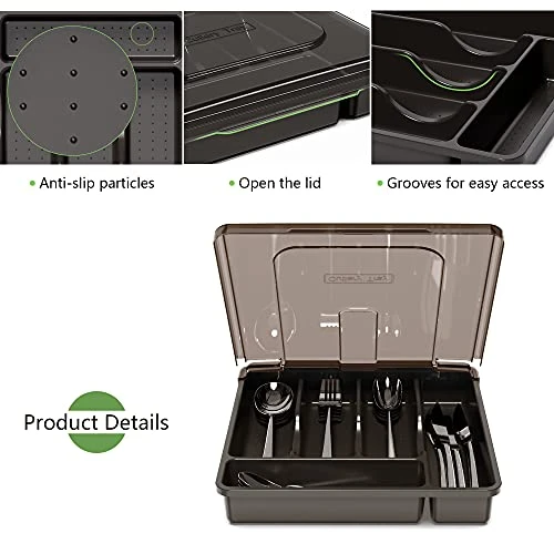 Utensil Holder For Countertop With Lid, Plastic Silverware Tray For Drawer, 5 Compartments Flatware Organizer, Black - Image 3