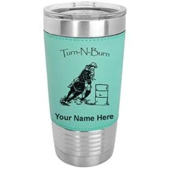 20oz Vacuum Insulated Tumbler Mug, Barrel Racer Turn N Burn, Personalized Engraving Included (Faux Leather, Teal)