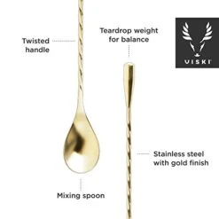 Gold Weighted Stainless Steel Barspoon, Japanese Style Twisted Stem Handle, Teardrop Weight