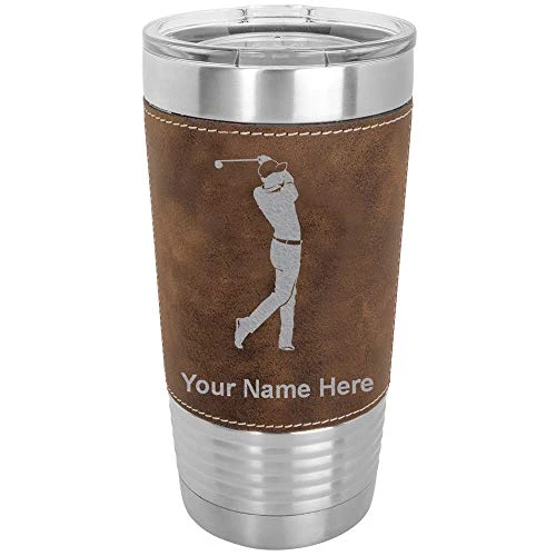 20oz Vacuum Insulated Tumbler Mug, Golfer Golfing, Personalized Engraving Included (Faux Leather, Rustic)