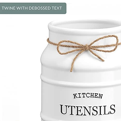 Ceramic Farmhouse Kitchen Utensil Holder For Countertop, Decorative Kitchen Utensil Holder, Large Kitchen Utensil Holder For Kitchen Counter, Utensil Crock Spatula Holder, 6.75" White - Image 4