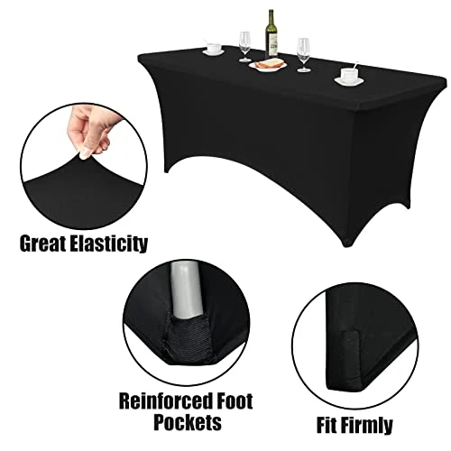 6ft Stretch Table Cloth Spandex Table Cover Tight Fitted For 6ft Rectangular Tables Black Washable Tablecloths For Party, Wedding, Banquet, Outdoor (Black, 6 Ft)