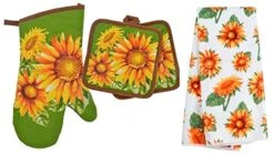 TopNotch Outlet Sunflower Decor - Potholder Towel Linen Set Of 4 Pieces Sunflower Design Includes 1 Kitchen Towel 2 Potholders 1 Oven Mitt - Linen Sunflower Set - Kitchen Decor