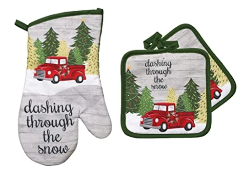 Holiday Farmhouse Kitchen Towel Set With Pot Holders Oven Mitt And Set Of Refrigerator Magnets Modern Farmhouse Decor - Red Truck (Dashing Through The Snow Truck) - Image 3