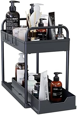 Under Sink Organizer And Storage, 2-Tier Bathroom Organizer With Pull Out Sliding Drawer 4 Hooks 2 Handles, Multi-purpose Under Cabinet Storage Shelf For Bathroom And Kitchen (1 Pack) - Image 5