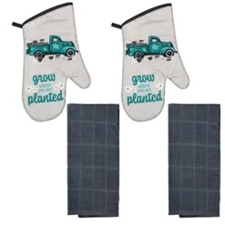 2 Vintage Farm Truck Oven Mitts With Flowers, Teal And Gray, And 2 Gray Kitchen Towels Set - Country Modern Farmhouse Rustic Farm Themed Decor