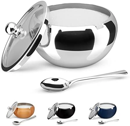Large Stainless Steel Sugar Bowl With Lid And Spoon, Serving Dish, Clear Glass Lid, Storage For Salt, Candy, Coffee, Holds 2 Cups, Dishwasher Safe, 16 Oz (Stainless Steel) - Image 8
