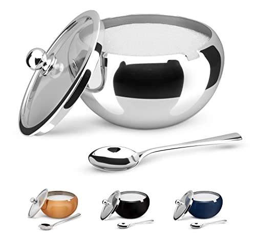 Large Stainless Steel Sugar Bowl With Lid And Spoon, Serving Dish, Clear Glass Lid, Storage For Salt, Candy, Coffee, Holds 2 Cups, Dishwasher Safe, 16 Oz (Stainless Steel)
