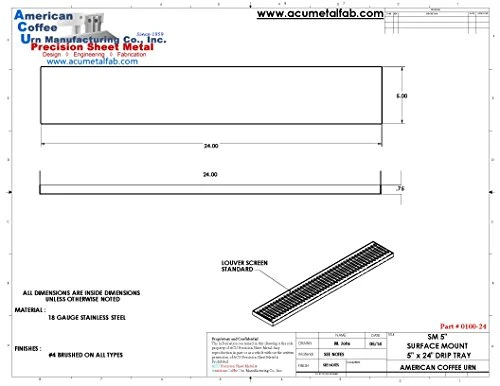 ACU Precision Sheet Metal 0100-24 Surface Mount Drip Tray, No Drain, Stainless Steel, 4 Brushed Finish, 5" X 24" X 3/4", Silver - Image 4