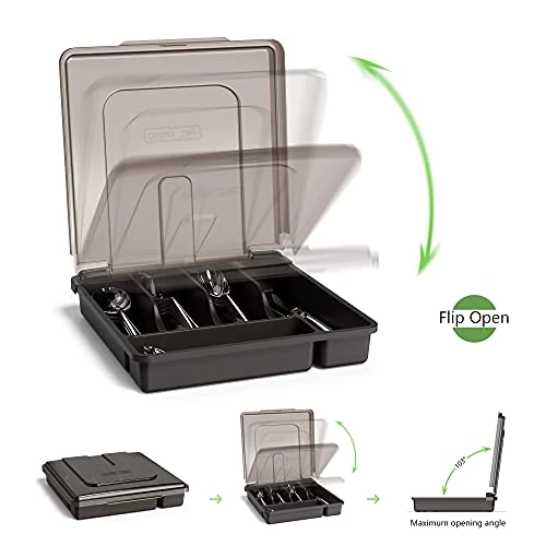 Utensil Holder For Countertop With Lid, Plastic Silverware Tray For Drawer, 5 Compartments Flatware Organizer, Black - Image 2