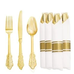 30 Pack Gold Plastic Silverware With Pre Rolled Napkins- Disposable Gold Plastic Cutlery -Premium Quality Gold Plastic Utensils-  Includes 30 Forks, 30 Knives, 30 Spoons, 30 Napkins