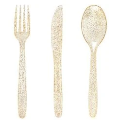 360 Gold Plastic Silverware - Disposable Gold Glitter Plastic Cutlery - Plastic Silverware Inluding: 120 Gold Forks, 120 Gold Spoons, 120 Gold Knives For Wedding/Party