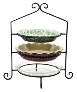 3 Tier Pie Plate Stand - Solid Satin Black Wrought Iron Triple Rack Display Amish Handmade In USA