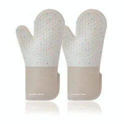 , Oven Mitts 13" Extra Long, Silicone + Cotton Lining + Cotton, Easy Clean, 500F° Heat Resistant Silicone Oven Mitt