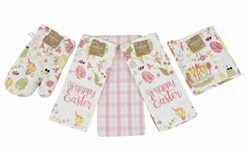 Easter Spring Kitchen Dish Towels Pot Holder Oven Mitt Set, 5c: Colorful Floral Happy Easter Eggs Design