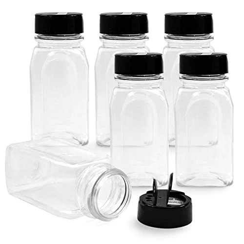 6 Pack 9.5 Oz Plastic Spice Jars With Black Cap, Clear And Safe Plastic Bottle Containers With Shaker Lids For Storing Spice, Herbs And Seasoning Powders, BPA Free, Made In USA