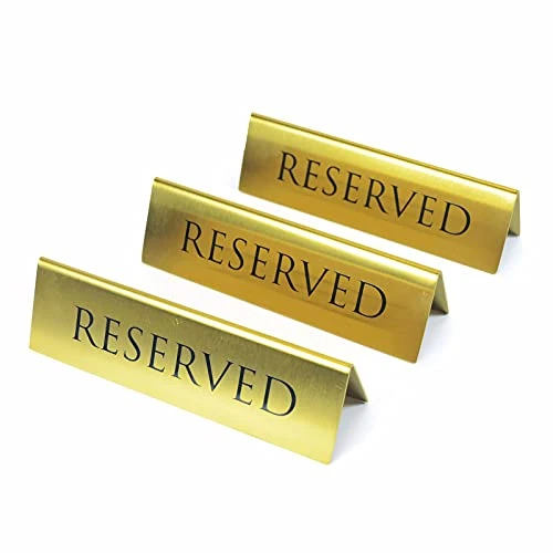 Golden Metal Table Top Reserved Sign For Restaurants, Wedding, Ceremony And Events, Double Sided Tent, 6x1.75 Inches (Pack Of 3)