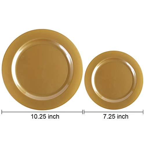 102 Pieces Solid Gold Disposable Plates, Gold Plastic Plates, Premium Plastic Party Plates Includes: 51 Dinner Plates 10.25 Inch And 51 Salad/Dessert Plates 7.5 Inch