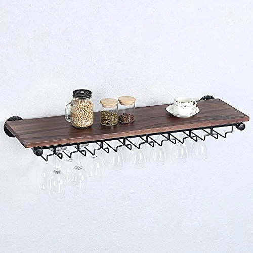 Industrial Pipe Shelving Hanging Stemware Racks,Rustic Wall Mounted Wine Rack With 8 Glass Holder,Steampunk Iron Floating Bar Shelves Stemware Holder,36in Metal Real Wood Shelf Wall Shelf - Image 5