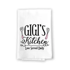 Me Decor, Gigi's Kitchen Love Served Daily Flour Sack Towel, 27 Inch By 27 Inch, 100% Cotton, Highly Absorbent, Multi-Purpose Kitchen Dish Towel