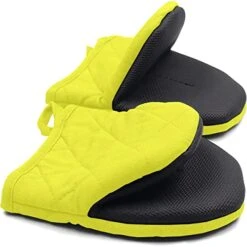 Mini Oven Mitts, 2 Pack Heat Resistant 300 ºF Little Oven Gloves Pot Holder Neoprene Cotton Trivet For Kitchen Cooking - Non-Slip Grip, Hanging Loop, 7 X 6 Inches, Grey (Yellow)