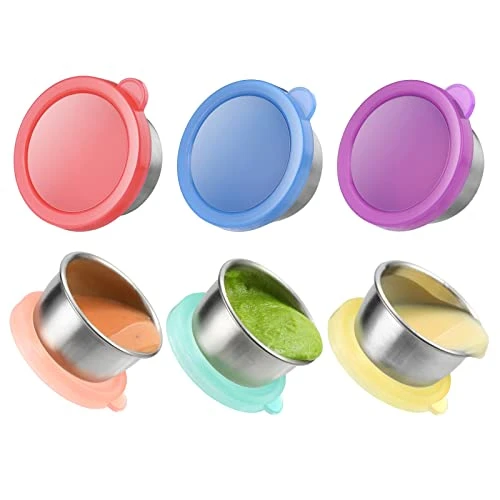 Salad Dressing Container To Go, 6x1.6 Oz Small Containers With Lids, Fits In Bento Box For Lunch, Stainless Steel Condiment Cup, Premium Silicone, Easy Open, Leakproof Dipping Sauce Containers