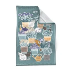 Spoonflower Printed Tea Towel, Linen Cotton Canvas - 2023 Calendar Cats Teal Pine Green Forest Garden House Plants Food Pets Print Decorative Kitchen Towel