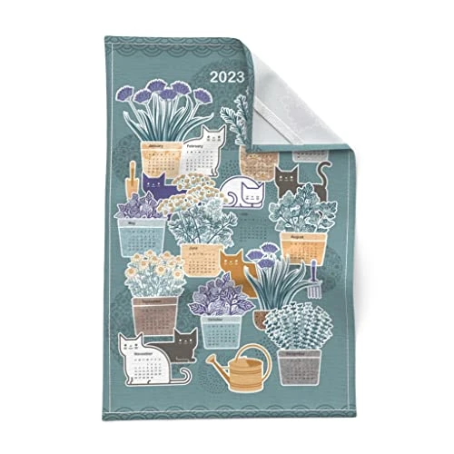 Spoonflower Printed Tea Towel, Linen Cotton Canvas - 2023 Calendar Cats Teal Pine Green Forest Garden House Plants Food Pets Print Decorative Kitchen Towel