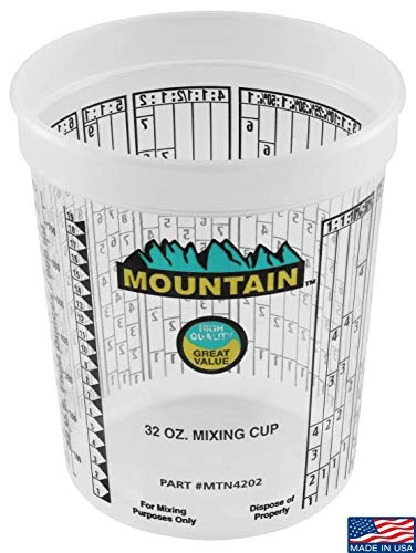 Mountain 4202 32oz. Disposable Mixing Cups For Garages, Repair Shops, DIY, Reusable, 1 Quart, Solvent Resistant, Graduated Markings, Automotive Paints, Epoxies, And Resins, Made In USA, Case Of 100