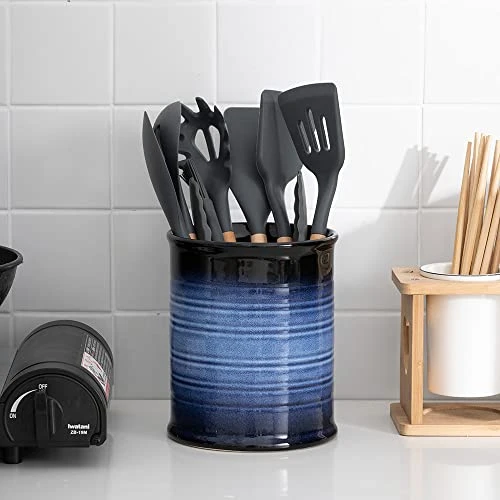 Nihow Kitchen Utensil Holder: 7.2 Inch Extra Large Ceramic Utensil Holder For Countertop - Stable Utensil Crock For Kitchen Counter Decor - Elegant Blue & Black (1PC) - Image 4
