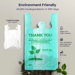 [100 Pack] Biodegradable Reusable Plastic T-Shirt Bag Eco Friendly Grocery Shopping Thank You Recyclable Trash Basket Bags