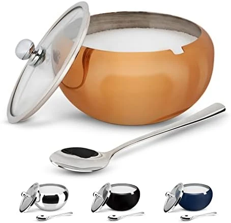 Large Stainless Steel Sugar Bowl With Lid And Spoon, Serving Dish, Clear Glass Lid, Storage For Salt, Candy, Coffee, Holds 2 Cups, Dishwasher Safe, 16 Oz (Stainless Steel) - Image 5
