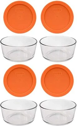Pyrex (4) 7201 4 Cup Glass Bowls & (4) 7201-PC Pumpkin Orange Plastic Lids, Made In USA