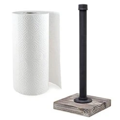 Industrial Brass Metal Pipe Paper Towel Holder Stand Kitchen Countertop Paper Towel Dispenser With Torched Solid Wood Base