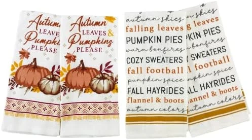 Farmhouse Fall Kitchen Towels: Natural Autumn Colored Falling Leaves And Acorns And Plaid With Pumpkin Applique, Cotton Flat Weave - Image 5