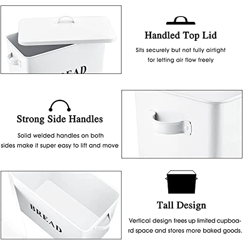 Bread Box, Metal Bread Box With Lid For Kitchen Countertop, Large Bread Bin Holder Storage Container - 13" X 9.8" X 7.3" - Holds 2+ Loaves, Modern Farmhouse & Vintage Style - White